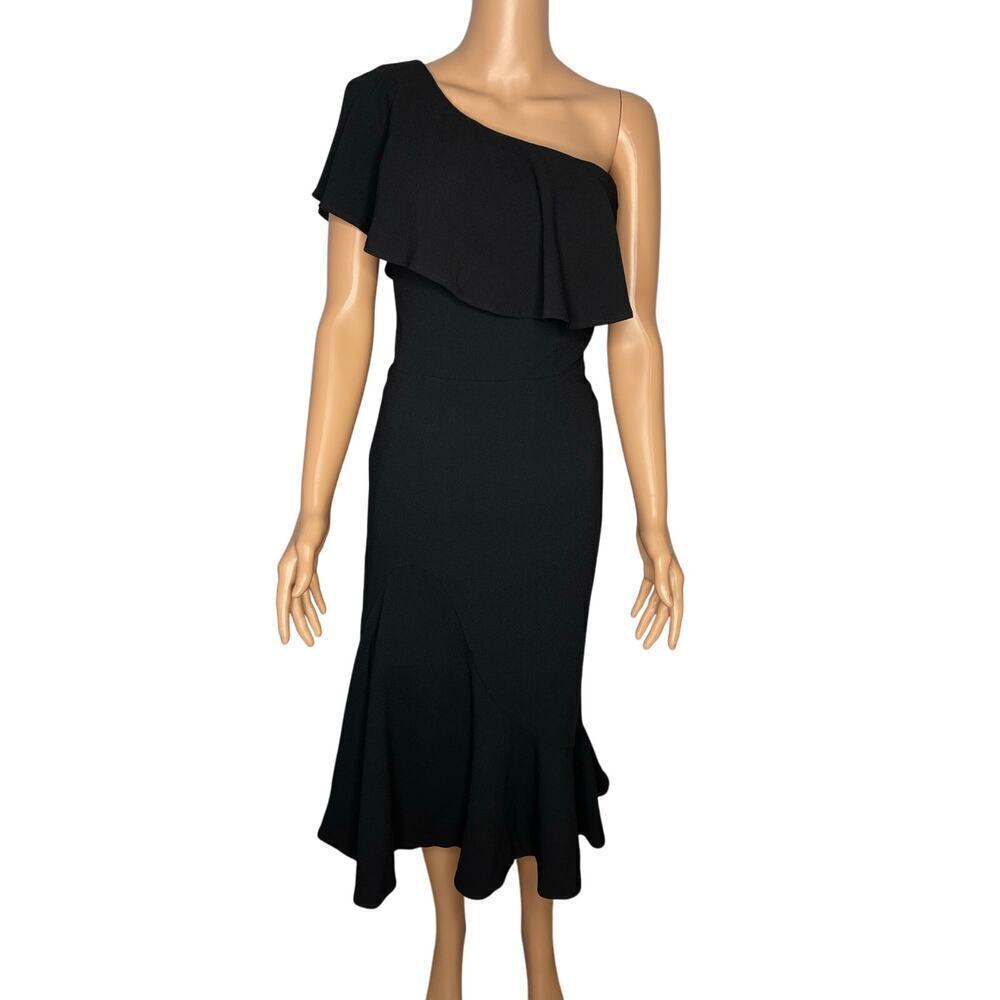 Dress The Population women’s Raquel one shoulder ruffle Midi Dress size S Black